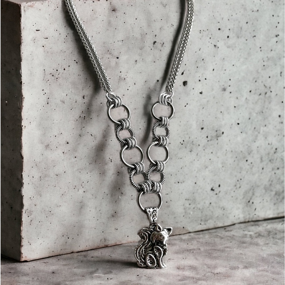 Handmade maille stainless steel necklace double wheat chain + fox design charm - Picture 12 of 15